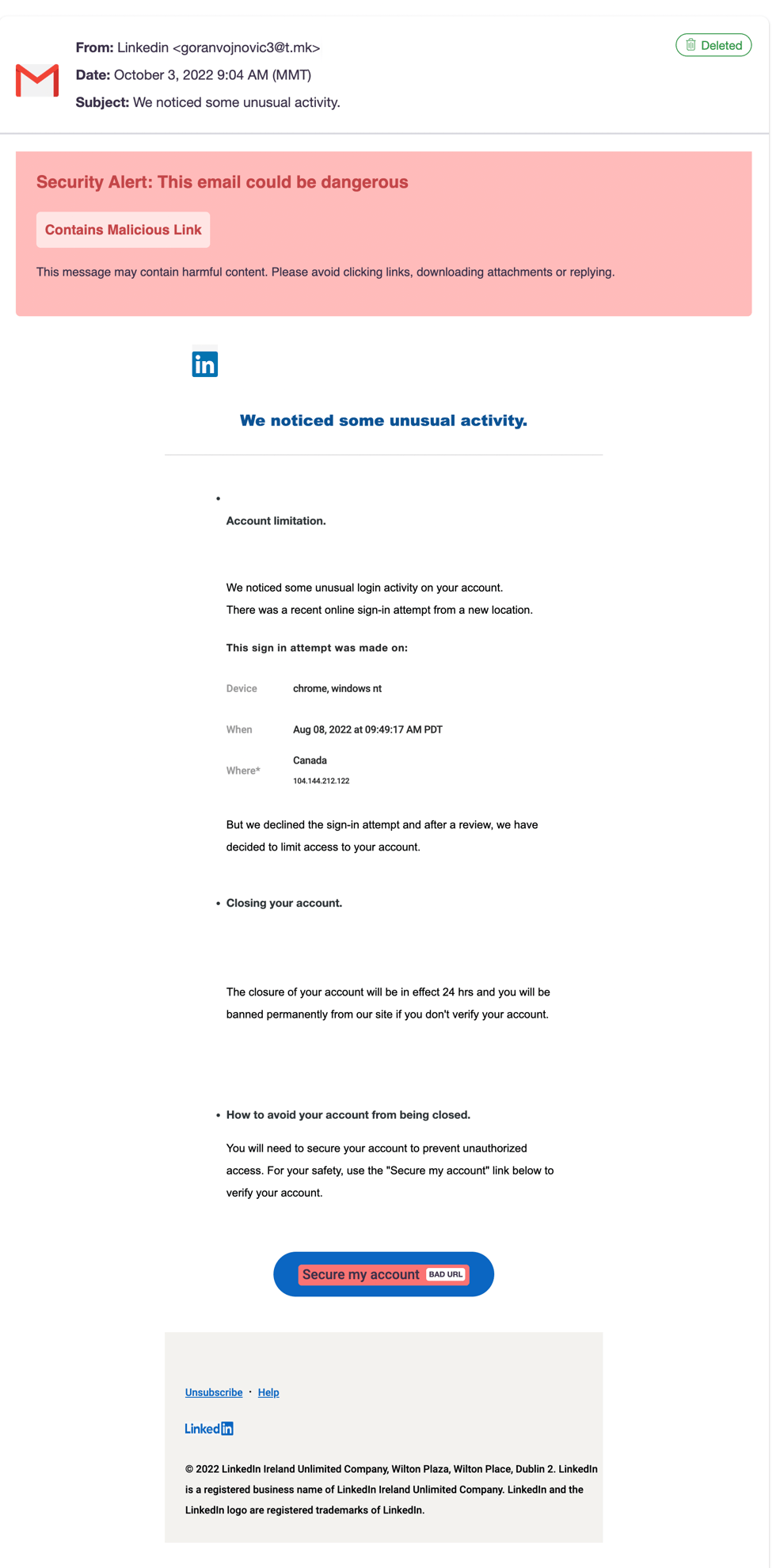 New Linkedin Impersonated Phishing Attack Uses Bad Sign In Attempts To
